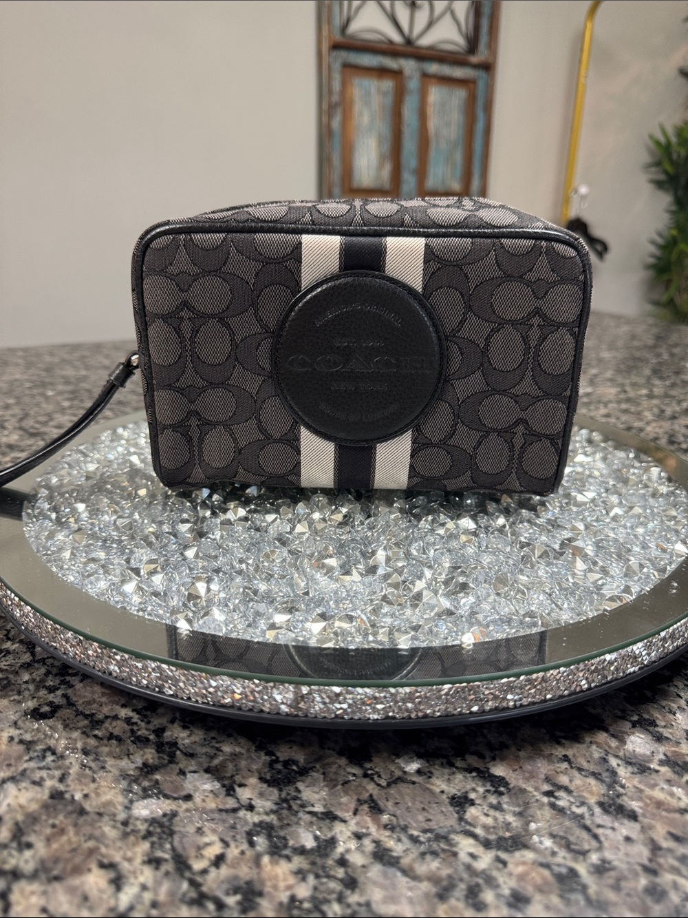 Coach Dempsey Gray/Black Signature Stripe Cosmetic Bag EUC